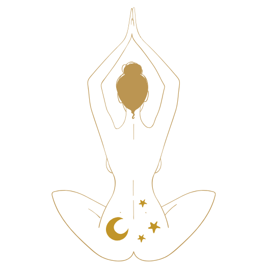 Silhouette einer sitzenden Person in Yoga-Pose mit Mond- und Sternenmotiven.