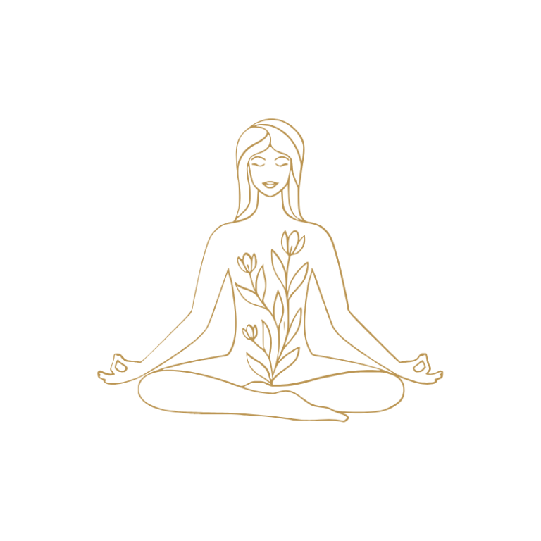 Sitzende Frau mit Pflanze im Körper, symbolisiert Natur und Meditation.