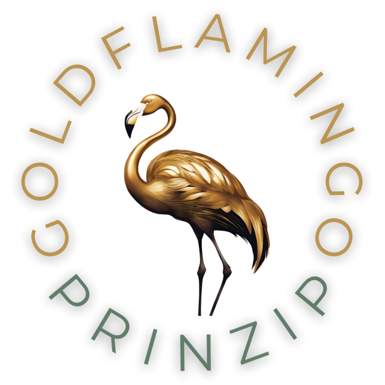 Goldener Flamingo mit dem Text "Goldflamingo Prinzip" im Kreis.